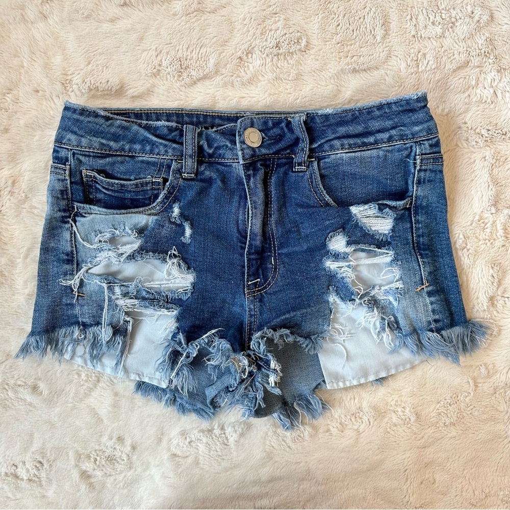 American Eagle Women’s Shorts Hi Rise Shortie Distressed Denim Festival Size 6